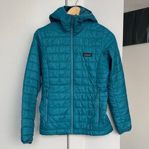 Patagonia Teal Blue Quilted Nano Puff Hooded Jacket